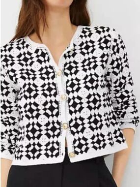 Ann Taylor Black and White Crochet Cardigan with Gold Buttons